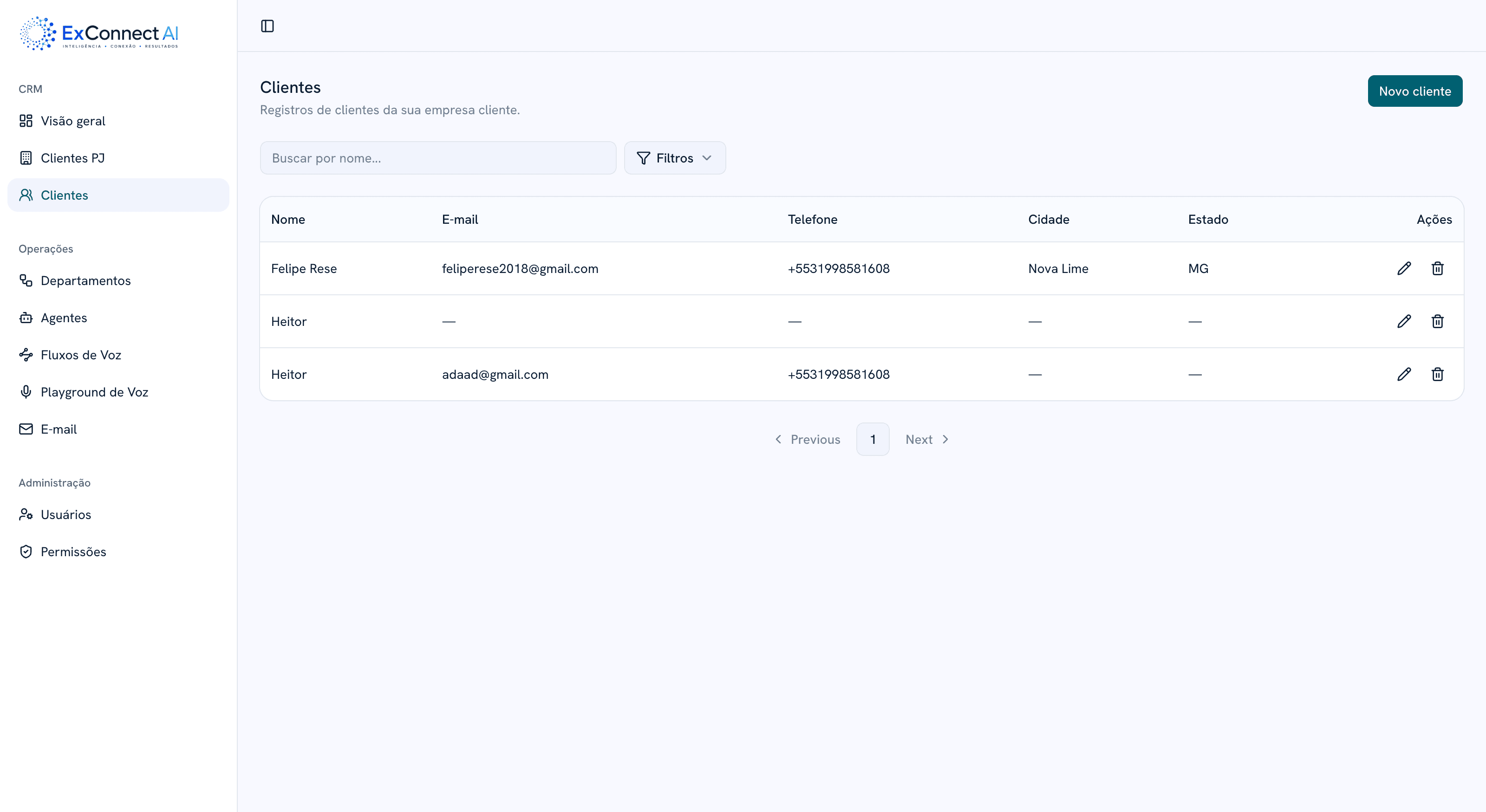Lista de clientes do ExConnectAI CRM
